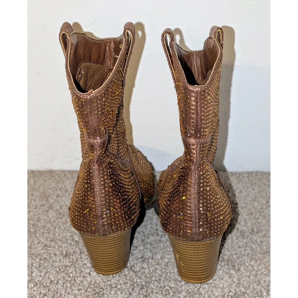 Forever Sparkly Rhinestone Western Boots Brown Block Heel Pointed Toe Size‎ 10